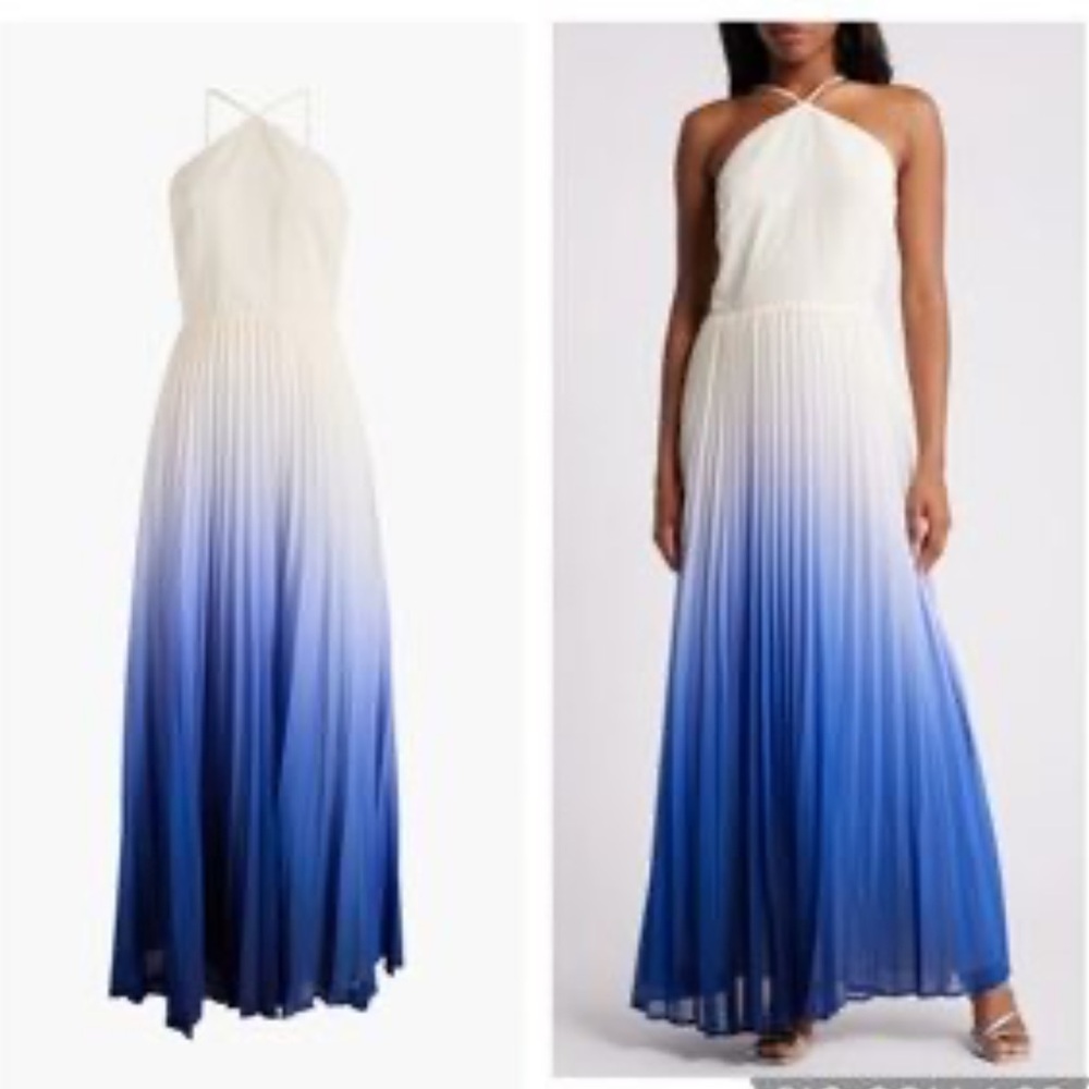 CHELSEA 28 Pleated Ombre Halter Maxi Dress - White to Blue